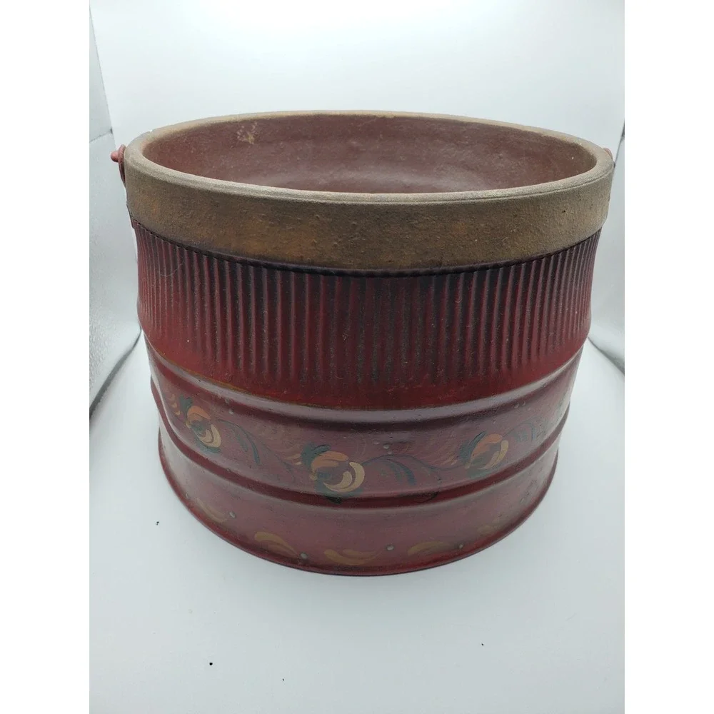 Antique Primitive Tole Painted Red Metal 'Fire Proof' Bucket RARE Unusual
